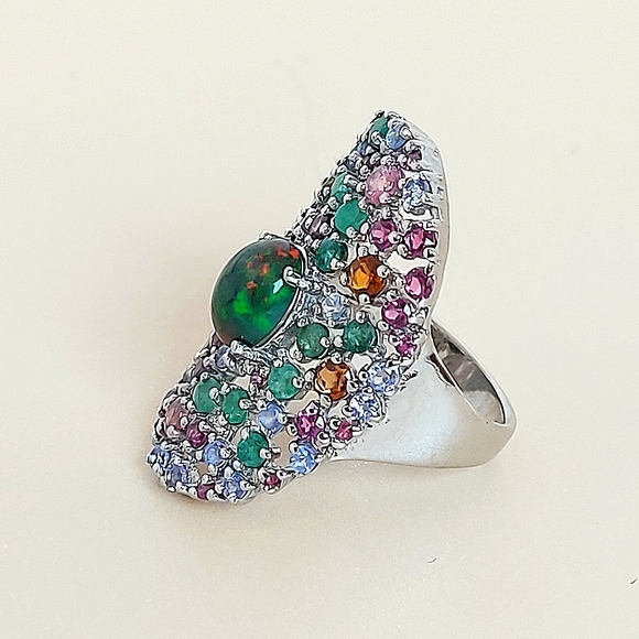925 Sterling Silver Ring Sz 8 with Natural Black Opal, Emerald, Garnet, Tanzanit - Picture 3 of 7